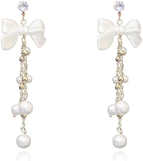 Bow Pearl Tassel Earrings Bohemian Bow Tie Dangle Earrings Dangle Pearl Rhinestone Drop Earrings for Women Girls