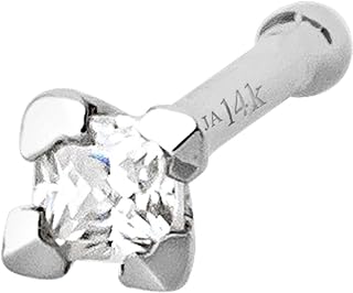 14K White Gold V-Prong Set Moissanite Nose Stud - Unisex Nose Ring Stud with Ball-End Clasp - Princess Cut Design - Nickel-Free for Sensitive Skin- April Birthstone