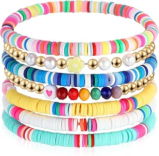 7 Stück Buntes Perlen-Armband Set von ESROVER aus hochwertigem Ton, 16 cm Umfang, Stapelbar und Leicht, Perfekt für Sommer, Strand und Mädchen. Ideal für Frauen