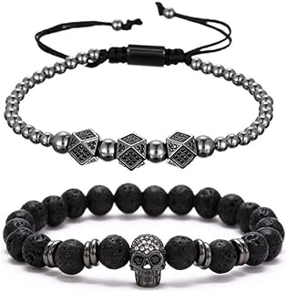 Copper Cubic Zirconia Skull Bead Bracelet with Bead Chain for Men, Goth Design Black Beaded Adjustable Elastic Set with Lava Rock Natural Gemstone for Essential Oil, Anti-Anxiety