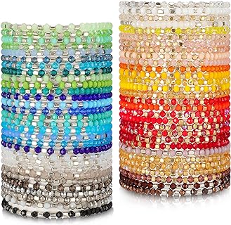 Kigeli 60 Pcs Bohemian Beaded Bracelets Stackable Multi Layer Statement Bracelets Sparkly Bulk Boho Crystal Stretchy Bracelet Set for Women Jewelry Gifts