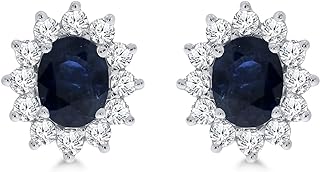 Elmas Sterling Silver Simulated Emerald /Ruby/Blue Sapphire Oval Halo Stud Earrings with White diamond for Women (Blue Sapphire)
