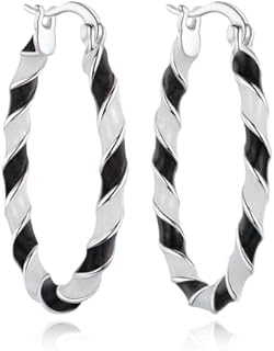 Women's White Enamel Silver Plated Oval Hoop Earrings with Latch Back Design - Fashion Jewelry