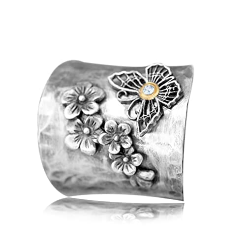 S925 Sterling Silver Big Large Flowers Butterfly Bee Wide Bands Ring for Women Girls,Animal Thumb Index Middle Finger Ring,Retro Vintage Boho Ring Jewelry Gift