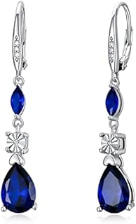 1/20cttw Natural Diamonds and Sapphire Dangle Earrings in Sterling Silver,Hoop Earrings with Diamonds for Women(G-H Color, I2-I3 Clarity)