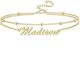 Pselysian Personalized Ankle Bracelet for Women, 18K Gold Plated Name Anklet, Custom Beach Anklet Bracelets Jewelry Gift