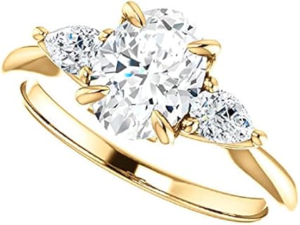 4-Prong 3 CT Oval Moissanite Engagement Ring - 10K Yellow Gold Eternity Ring for Her - Bridal Wedding Ring with Pear-Cut Side Stones - Ideal Anniversary or Promise Ring for Women