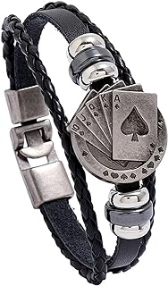 Mens and Womens Punk Rock Braided Leather Bracelet Alloy Playing Card Poker Cuff Bracelet