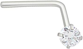 Jewelry Avalanche 14Kt White Gold L-Shaped Nose Ring with Cubic-Zirconia Accent in Prong Setting