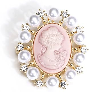 Rhinestone Pearl Cameo Brooch Pin for Women Girls Fashion Dainty Gold Plated Shell Pearls Crystal Wreath Carved Pink Victorian Lady Brooches Lapel Pins Vintage Dress Accessories Wedding Birthday Party Jewelry