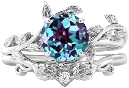 Versatile Gold Leaf Wedding Ring - Natural Alexandrite & Moissanite for Women in Unique Heart Design - Personalized Engraving Available in 10K/14K/18K Gold