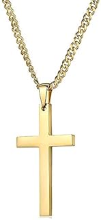18K Gold Cross Pendant Necklace for Men, Women, Teens with Durable Figaro Stainless-Steel-and-Gold Chain and Lobster-Claw Clasp