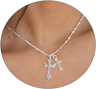 BERISO Cross Necklace 14K Gold/Silver Plated Double Cross Pendant Necklace Dainty Diamond Cross Charm Link Chain Choker Delicate Faith Jewelry Religious Gifts for Women Teen Girls Men Boys