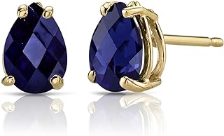 Peora 14K Yellow Gold 2 Carats Created Blue Sapphire Earrings for Women, Classic Solitaire Studs, 7x5mm Pear Shape, 2 Carats total, Friction Back