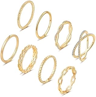 TOBENY 8PCS 14K Plated Gold Rings for Women Stackable Knuckle Rings Gold Silver Size 4 to Size 12 Rings 1.5mm- 3.8mm Midi Stacking Eternity Wedding Rings