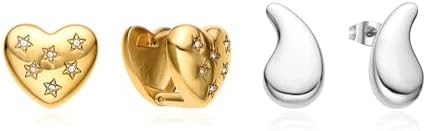 2Pairs Starburst & Teardrop Stainless Steel Hoop Earrings Set, Gold-Plated Crystal Studded Lightweight and Hypoallergenic, Elegant Design Perfect for Women's Everyday Fashion and Special Occasions