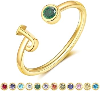 Stackable Gold Birthstone Initial Rings with Cubic Zirconia for Women - 14K Gold Plated Adjustable Open Design
