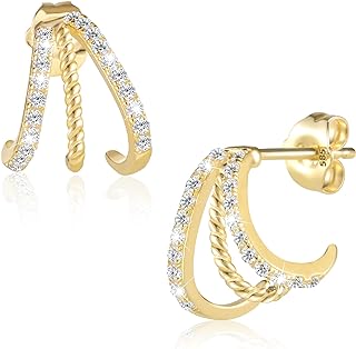 Solid 14K Yellow Gold Claw Hoop Earrings for Women Dainty Trendy Triple Open Hoop Stud Earrings for Women Girls