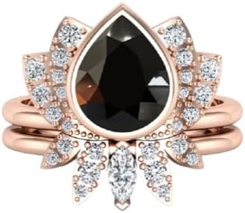 Black Onyx Lotus Engagement Ring Set in Sterling Silver for Women, Bezel Set Pear-Shaped Onyx Gemstone, Lotus Flower Design