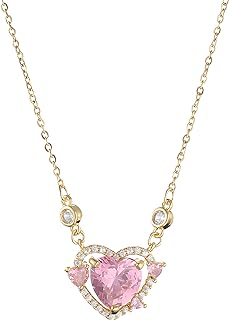 Pink Zircon Love Heart Necklaces - Gold Color Stainless Steel Chain Sweet Romantic Pendant Jewelry Accessories for Women Girls