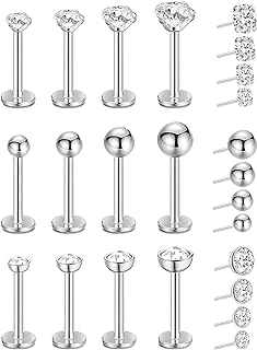 NICEIGHT 16G 18G 20G 12Pcs Stainless Steel Threadless Earrings for Women Men Cartilage Tragus Helix Earrings Lip Stud Push in Nose Studs CZ Labret Monroe Stud Medusa Piercing Jewelry