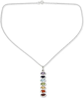 NOVICA Handmade .925 Sterling Silver Multigem Pendant Necklace Indian Sevengemstone Chakra Amethyst Blue Topaz Carnelian Citrine Garnet Multicolor Green Purple Red Birthstone 'Chakra Balance'