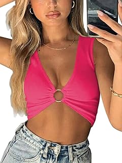 Classic Round Ring Closure Sexy Crop Top Body Chain for Women, V-Neck Design, Polyester/Spandex Blend Fabric