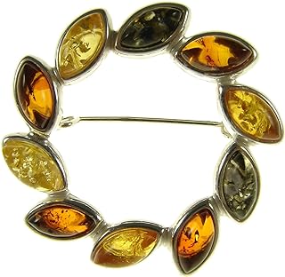 Exquisite Multi-coloured Baltic Amber and Sterling Silver 925 Flower Leaf Brooch Pin with Secure Pin Clasp, Elegantly Crafted in Poland