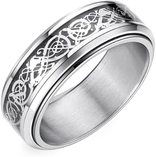 8mm Black Stainless Steel Anxiety Ring for Women Men Fidget Spinner Ring Beveled Edge Red Celtic Dragon Inlay Comfort Fit Wedding Band