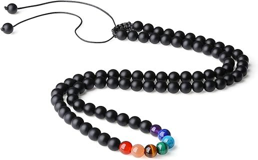 COAI Matte Onyx and 7 Chakra Gemstone Mala Necklace with Adjustable Nylon Cord - Balancing Energies and Unisex Design