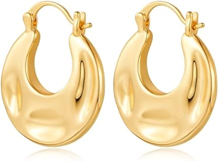 Gold Hammered Hoop Earrings for Women Hammered Round Disc Huggie Hoop Earrings Gold Plated Chunky Hoop Earrings Vintage Jewelry