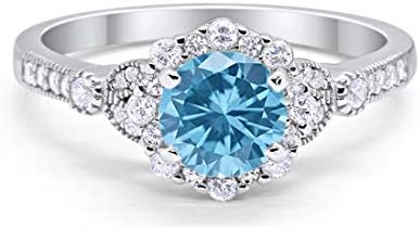 Engagement Ring by Blue Apple Co. - Floral Art Deco Design with Round Cubic Zirconia in Solid Sterling Silver in Aqua Color