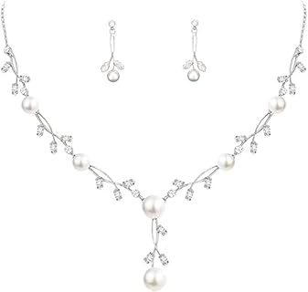 Cubic Zirconia Austrian Crystal Pearl Wedding Jewelry Set with Lobster Clasp for Women - Floral Design