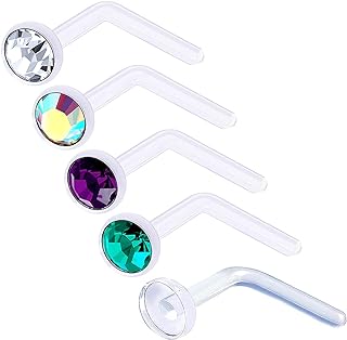 bodyjewellery 5Pcs 20g 0.8mm Nose Rings L Shaped Bioflex Clear Flexible Nostril Piercing Jewelry 2.5mm Crystal