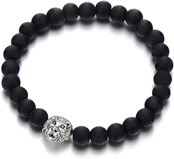 COOLSTEELANDBEYOND Lion Head Mens 8MM Black Onyx Beads Bangle Link Bracelet, Prayer Mala
