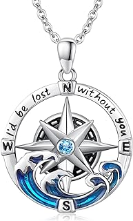 Compass Necklace Sterling Silver Turquoise/Abalone Shell/Wave Pendant Friendship Talisman Travel Necklace Jewelry Graduation Gifts for Women Men