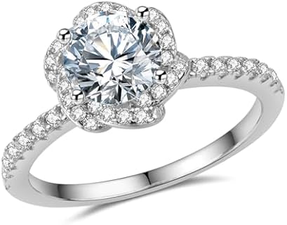 Moissanite Wedding Bands for Women 18K White Gold Plated S925 Sterling Silver Flower Halo Engagement Ring 1CT D Color VVS1 Round Cut Simulated Diamond Ring Size 5-9