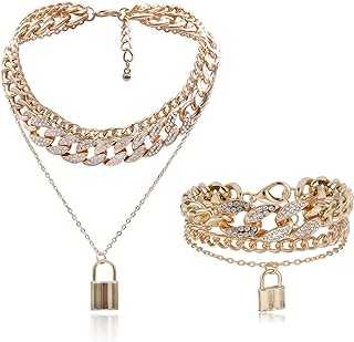 COLORFUL BLING Shiny Hip Hop Rhinestone Cuban Link Chain Lock Pendant Necklace With Bracelet Set Punk Cubic Zircon Layered Choker Necklace for Women Unisex Jewelry