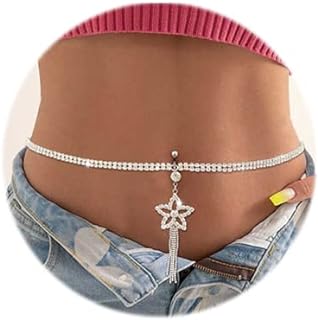 Crystal Accented Alloy Belly Ring with Adjustable Waist Chain for Women and Girls - Silver Sparkling Rhinestone Body Chain for Beach and Party Wear