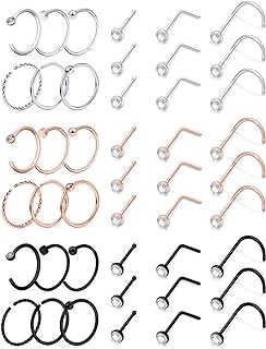 Ftovosyo 20g Nose Rings Studs Surgical Steel Nose Rings Hoop Piercing Jewelry for Women Men Set 45pcs
