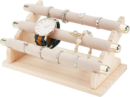 nbeads Présentoir à Bijoux 3 Niveaux en Velours Beige pour Mariage, Anneaux Amovibles et Base en Bois Lisse Tan, Idéal pour Femmes pour Rangements d'Anneaux et Colliers