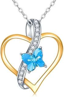 SISGEM 14K Yellow/White Gold Heart Necklace for Women,Solid Gold Blue Butterfly Crystal Heart Necklaces with Cubic Zirconia, Mothers Day Anniversary Birthday Gifts for Wife Grandma,16''-18''