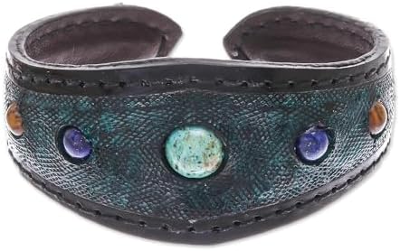NOVICA Artisan Handmade Multigemstone Leather Cuff Bracelet in Green from Thailand Tigers Eye Howlite Lapis Lazuli Birthstone [7.5 in L (end to End) x 1.3 in W] ' Orb Love in Green'