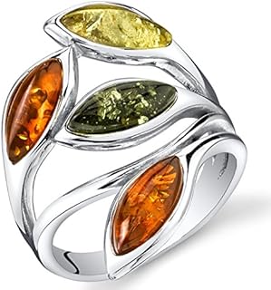 PEORA Genuine Baltic Amber Leaf Ring for Women 925 Sterling Silver, Rich Cognac, Olive Green, Honey Yellow Colors, Sizes 5 to 9