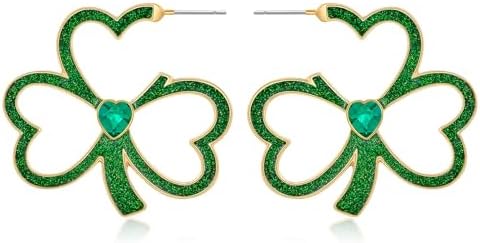 Push-Back Lucky Leaf Clover Hoop Earrings in Durable Brass with Crystal Gems for Women - Elegant Irish Shamrock Design for St. Patrick's Day and Other Celebrations