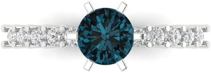 1.05 ct Round Cut Natural London Blue Topaz 18K White Gold Solitaire with Accents Wedding Engagement Bridal Promise Ring
