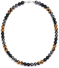 Men's Triple Protection Healing Crystal Necklace with Black Obsidian, Tigers Eye & Hematite Beads on a Stainless Steel Chain - Stress Alleviating and Energy Invoking Jewelry