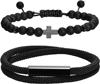 Stainless Steel Fold Over Clasp, Tiger Eye Black Agate Bead, Cross Charm Braided Bracelet for Men, Hisatan Customized Rope Design