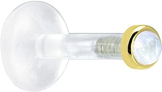 14k Yellow Gold Rainbow Moonstone Nose Ring - Bioplast Push-In Labret - Versatile Accessory for Tragus, Monroe Piercings