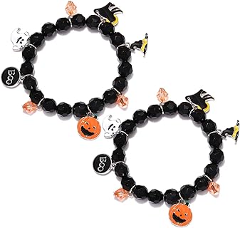 NVENF Halloween Bead Chain Bracelets for Women & Girls - 2PCS Black Stretch Bracelets with Ghost and Pumpkin Charms - Alloy and Crystal Material, Slide Clasp